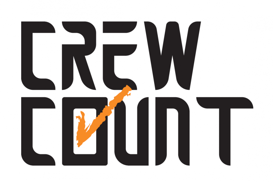 A logo with the words Crew Count written in black with a white background, and an orange checkmark in the O. 