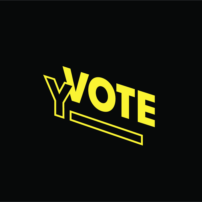 A logo with the word YVote written in yellow over a black background