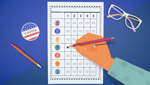 Illustration of a ranked choice voting ballot being filled out